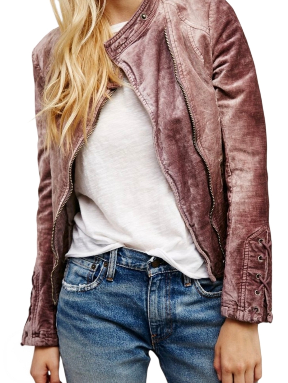 Free People Lacey Velvet Moto Jacket Mauve Pink Lace Up Sleeves Sz.M